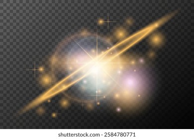 Light flash effect with flares and glow on a transparent background. Magical glow, shining light, star, optical flares for design, photomontage, New Year, and festive projects.