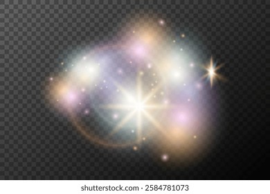 Light flash effect with flares and glow on a transparent background. Magical glow, shining light, star, optical flares for design, photomontage, New Year, and festive projects.