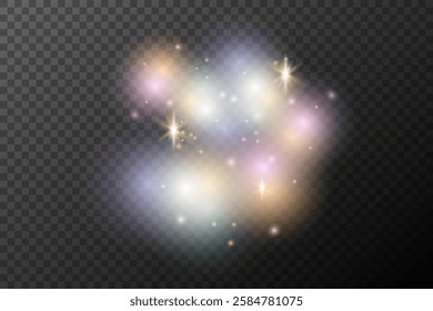 Light flash effect with flares and glow on a transparent background. Magical glow, shining light, star, optical flares for design, photomontage, New Year, and festive projects.