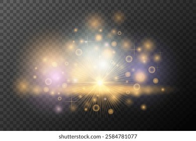 Light flash effect with flares and glow on a transparent background. Magical glow, shining light, star, optical flares for design, photomontage, New Year, and festive projects.