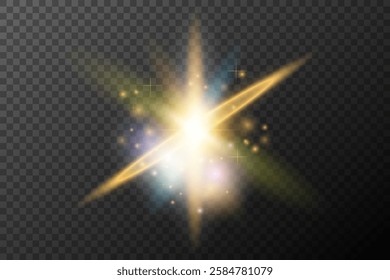 Light flash effect with flares and glow on a transparent background. Magical glow, shining light, star, optical flares for design, photomontage, New Year, and festive projects.