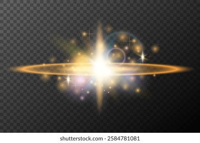 Light flash effect with flares and glow on a transparent background. Magical glow, shining light, star, optical flares for design, photomontage, New Year, and festive projects.