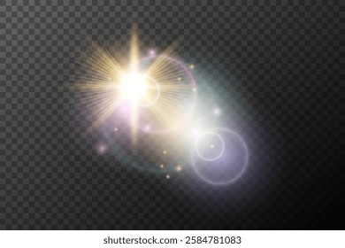 Light flash effect with flares and glow on a transparent background. Magical glow, shining light, star, optical flares for design, photomontage, New Year, and festive projects.