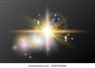 Light flash effect with flares and glow on a transparent background. Magical glow, shining light, star, optical flares for design, photomontage, New Year, and festive projects.