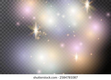 Light flash effect with flares and glow on a transparent background. Magical glow, shining light, star, optical flares for design, photomontage, New Year, and festive projects.