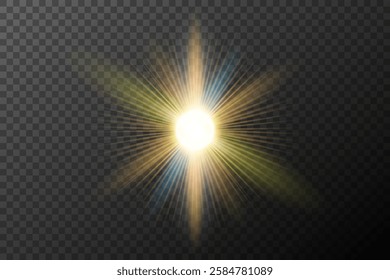 Light flash effect with flares and glow on a transparent background. Magical glow, shining light, star, optical flares for design, photomontage, New Year, and festive projects.