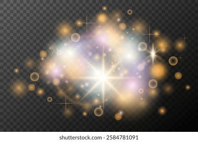 Light flash effect with flares and glow on a transparent background. Magical glow, shining light, star, optical flares for design, photomontage, New Year, and festive projects.