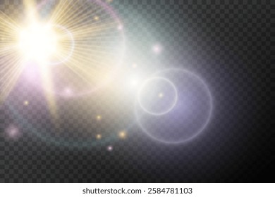 Light flash effect with flares and glow on a transparent background. Magical glow, shining light, star, optical flares for design, photomontage, New Year, and festive projects.