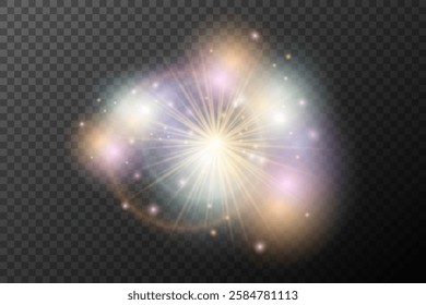 Light flash effect with flares and glow on a transparent background. Magical glow, shining light, star, optical flares for design, photomontage, New Year, and festive projects.