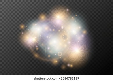 Light flash effect with flares and glow on a transparent background. Magical glow, shining light, star, optical flares for design, photomontage, New Year, and festive projects.