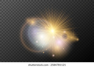 Light flash effect with flares and glow on a transparent background. Magical glow, shining light, star, optical flares for design, photomontage, New Year, and festive projects.