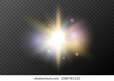 Light flash effect with flares and glow on a transparent background. Magical glow, shining light, star, optical flares for design, photomontage, New Year, and festive projects.