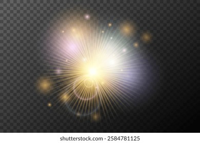 Light flash effect with flares and glow on a transparent background. Magical glow, shining light, star, optical flares for design, photomontage, New Year, and festive projects.