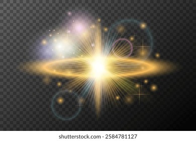 Light flash effect with flares and glow on a transparent background. Magical glow, shining light, star, optical flares for design, photomontage, New Year, and festive projects.