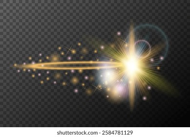 Light flash effect with flares and glow on a transparent background. Magical glow, shining light, star, optical flares for design, photomontage, New Year, and festive projects.