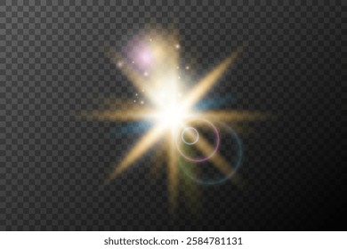 Light flash effect with flares and glow on a transparent background. Magical glow, shining light, star, optical flares for design, photomontage, New Year, and festive projects.