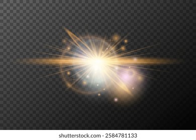 Light flash effect with flares and glow on a transparent background. Magical glow, shining light, star, optical flares for design, photomontage, New Year, and festive projects.