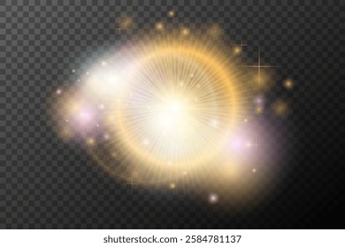 Light flash effect with flares and glow on a transparent background. Magical glow, shining light, star, optical flares for design, photomontage, New Year, and festive projects.