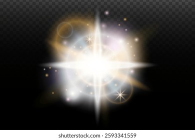 Light flash effect with flares and glow on a transparent background. Magical glow, shining light, star, optical flares for design, photomontage, New Year, and festive projects.