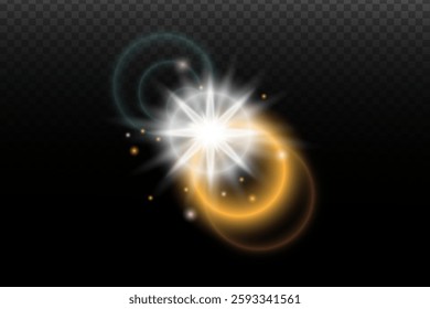 Light flash effect with flares and glow on a transparent background. Magical glow, shining light, star, optical flares for design, photomontage, New Year, and festive projects.