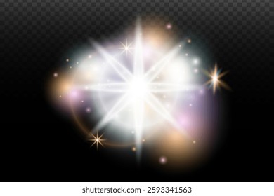 Light flash effect with flares and glow on a transparent background. Magical glow, shining light, star, optical flares for design, photomontage, New Year, and festive projects.