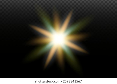 Light flash effect with flares and glow on a transparent background. Magical glow, shining light, star, optical flares for design, photomontage, New Year, and festive projects.