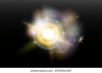 Light flash effect with flares and glow on a transparent background. Magical glow, shining light, star, optical flares for design, photomontage, New Year, and festive projects.