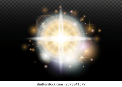 Light flash effect with flares and glow on a transparent background. Magical glow, shining light, star, optical flares for design, photomontage, New Year, and festive projects.