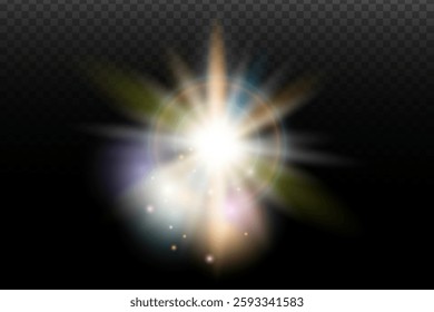 Light flash effect with flares and glow on a transparent background. Magical glow, shining light, star, optical flares for design, photomontage, New Year, and festive projects.