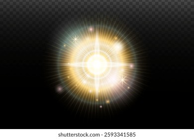 Light flash effect with flares and glow on a transparent background. Magical glow, shining light, star, optical flares for design, photomontage, New Year, and festive projects.