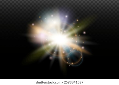 Light flash effect with flares and glow on a transparent background. Magical glow, shining light, star, optical flares for design, photomontage, New Year, and festive projects.