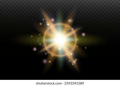 Light flash effect with flares and glow on a transparent background. Magical glow, shining light, star, optical flares for design, photomontage, New Year, and festive projects.