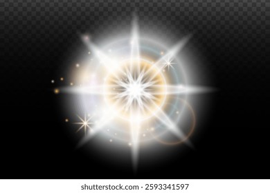 Light flash effect with flares and glow on a transparent background. Magical glow, shining light, star, optical flares for design, photomontage, New Year, and festive projects.