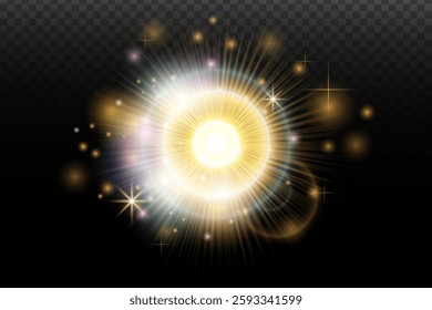 Light flash effect with flares and glow on a transparent background. Magical glow, shining light, star, optical flares for design, photomontage, New Year, and festive projects.