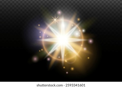 Light flash effect with flares and glow on a transparent background. Magical glow, shining light, star, optical flares for design, photomontage, New Year, and festive projects.