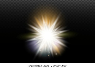 Light flash effect with flares and glow on a transparent background. Magical glow, shining light, star, optical flares for design, photomontage, New Year, and festive projects.