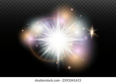 Light flash effect with flares and glow on a transparent background. Magical glow, shining light, star, optical flares for design, photomontage, New Year, and festive projects.