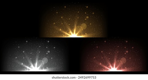 Light flash effect with shine glow rays on black horizontal background. Flares of gold, silver, bronze light with rays beams in dark space. Bright spark shining vector illustration.