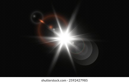 Light flash features bright camera glare on dark background, Vector graphics.