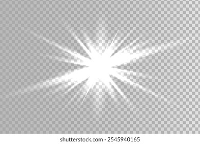 Light flash, glow explodes. Light beam. Shining sun, bright flash. Special lens flash light effect.