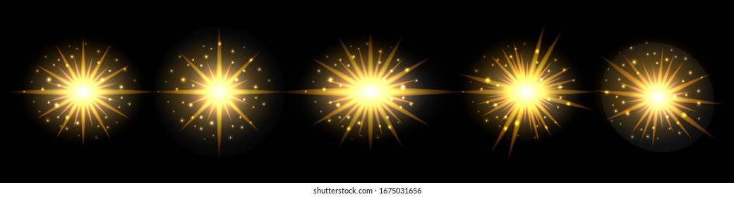Light flash with gold glowing effect and glittering sparkles. Golden shining sun. Set of elements on black background. Vector illustration