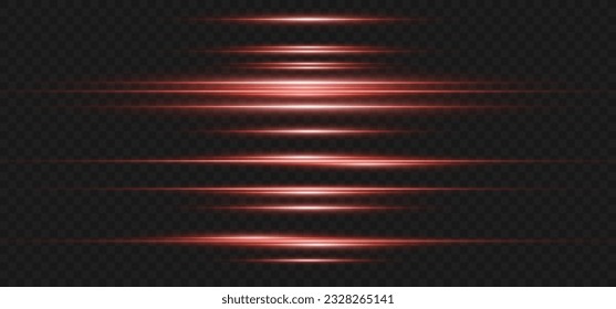 Rayo claro o franjas de neón rojo. rayos láser. Hermosas reflexiones de luz. Rayas brillantes en un fondo transparente.