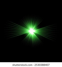 Flash de luz com brilho, brilho, efeito de brilho isolado no preto. Verde colorido brilho estrela abstrata brilhante. Ilustração brilhante do vetor brilhante. Flash de luz com feixes de raios no espaço.