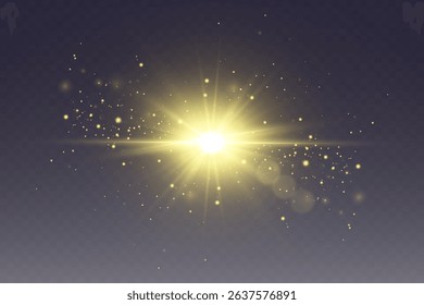 Light flash of star and sparks. Explosion of light rays and lens.