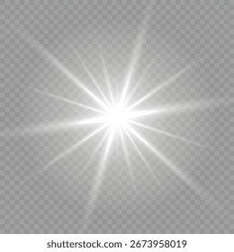 Light flash white. Light star white. To center a bright flash. Light sun white. Vector illustration. Transparent shining sun, bright flash. Transparent shine gradient glitter, bright flare. Christmas.