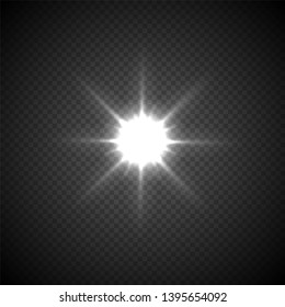Light flashe vector illustration. Glowing, twinkling star on transparent background. Sparkling explosion, glimmer, flare isolated clipart. White flare effect realistic design element