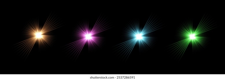 La luz destella con destello, resplandor, efecto brillante aislado en negro. Conjunto de estrellas abstractas brillantes de diferentes colores. Brillante Ilustración vectorial espumosa. Destello de luz con rayos de rayos en el espacio.