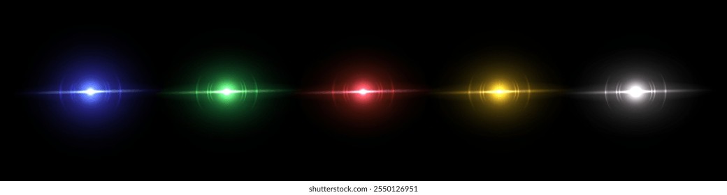 Light flashes with sparkle, glare, glint effect isolated on black background. Different color glow glared lights set. Abstract sparkling vector illustration. Flash of light with ray beams in space.