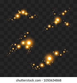 Light flashes. Sun beams and star lights isolated icons on transparent background. Vector set of shining beam  glittering sunlight ray or solar space burst and twinkling light. Gold stars. Shine.