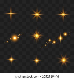 Light flashes. Sun beams and star lights isolated icons on transparent background. Vector set o shining beam  glittering sunlight ray or solar space burst and twinkling light. Gold stars. Shine .